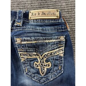 Rock Revival Boris Bootcut Jeans Womens 25 Blue Distressed Fleur De Lis